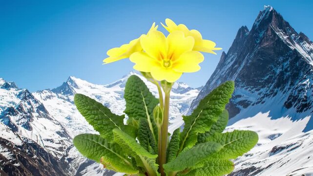 Yellow primrose with green leaves in front of snow-covered mountains against a bright blue sky background