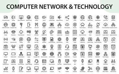 Computer Network and Technology icons. premium digital symbols focused on networks, cybersecurity, devices, communication, and data systems.
