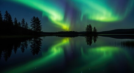 Aurora Borealis Reflection - Vibrant Green and Purple Northern Lights over Still Lake.