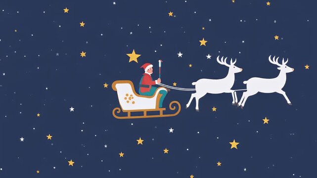 Flat Vector Animation of Santa&rsquo;s Sleigh Flying Across Starry Night Sky with Reindeer