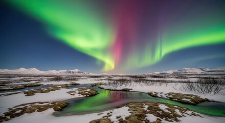 Majestic Green and Pink Aurora Borealis Reflected in Icy Winter Landscape.