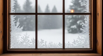 Frosted Window View of Snowy Winter Landscape with Decorative Snowflake Patterns.