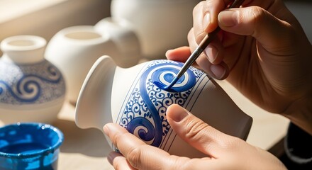 Close-up of a person's hands painting intricate blue designs on a ceramic vase.