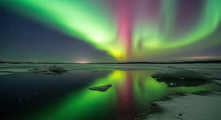 Vibrant Green and Pink Aurora Borealis Reflected on Dark Icy Lake Surface.
