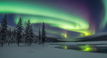 Ethereal Aurora Borealis Dances Above Snow-Covered Arctic Landscape with Reflecting Lights.