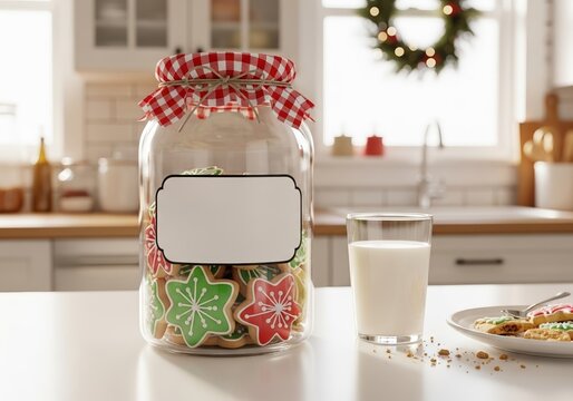A festive Christmas cookie jar with star-shaped cookies and a glass of milk on a bright kitchen counter.