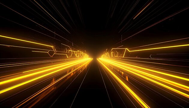 A luminous, futuristic tunnel with glowing orange lines extending towards a bright light source in the distance, set against a dark background - Powered by Adobe