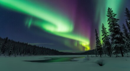Northern Lights Dance Above Snowy Landscape with Evergreen Trees.
