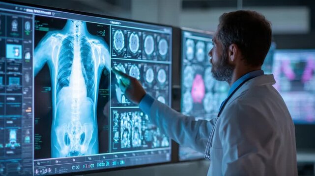 Medical Expertise: A focused medical professional meticulously examines detailed imaging, their gaze sharp with expertise. The room is filled with technological advancements.