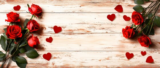 Romantic gesture with red roses and hearts rustic wooden background floral arrangement cozy setting close-up view love concept