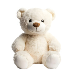 Obraz premium Fluffy white teddy bear toy sitting cute and cuddly isolated on transparent background