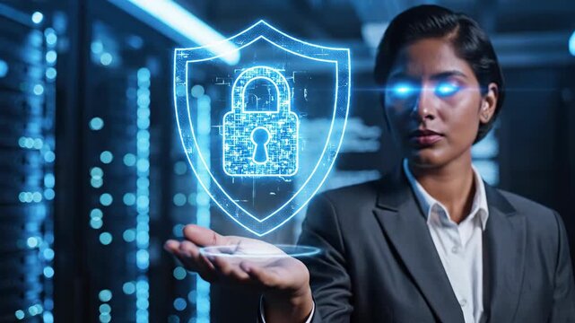 Cybersecurity expert interacting with digital shield. - Powered by Adobe