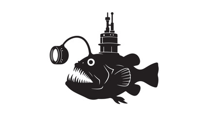 Anglerfish vector silhouette with submarine on top, a bold design element for ocean themed artwork, perfect for t-shirts, posters, and branding with a unique twist