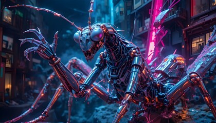 Towering cybernetic insect, a formidable metallic ant, navigates a futuristic metropolis, its intricate form illuminated by the vibrant, luminous glow of neon cityscape