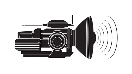 Dynamic camera silhouette broadcasting powerful sound waves in monochrome, perfect for media, broadcasting, and audio designs, delivering impact with bold simplicity