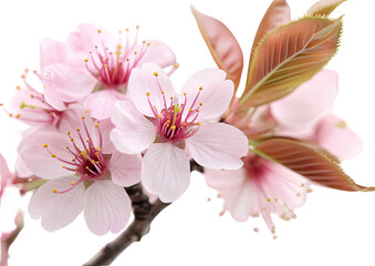 Pink blossoms cluster on a branch. Delicate petals shown