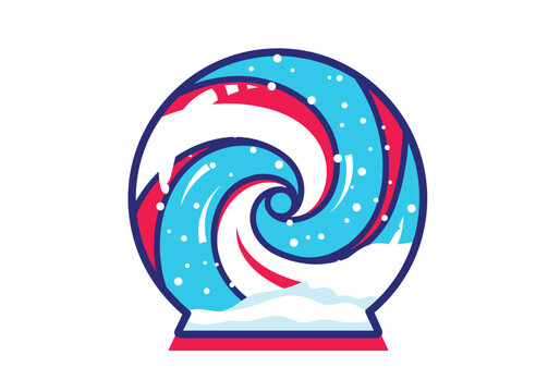 Snow globe with swirling snowflakes in blue and red design - Concept of Christmas and New Year background  