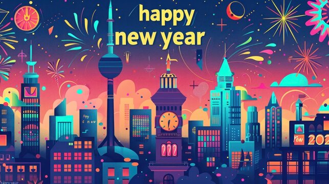 Colorful cityscape celebrating new years eve with fireworks and festive design