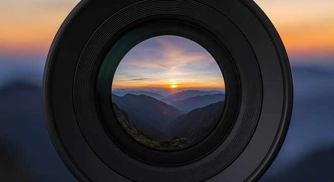 A stunning mountain sunrise with vibrant colors viewed through the circular frame of a camera lens.