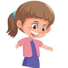 Joyful Young Girl Wearing a Pink Cardigan and Blue Dress With Brown Ponytail Smiling Happily In Studio Lighting