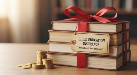 Books with red ribbon and Child Education Insurance tag