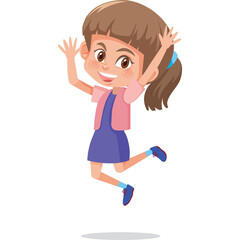 Joyful Young Girl with Brown Ponytail and Blue Dress Jumping with Arms Raised in Playful Pose