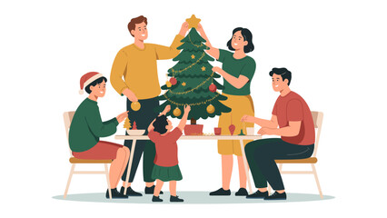 Cozy Christmas Moments: A family decorates their Christmas tree. Filled with joy, creating a warm, and festive scene.  