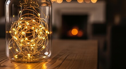 Warm glow of fairy lights in glass jar creates cozy ambiance perfect for holidays
