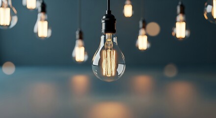 Vintage Edison bulbs glow softly, casting warm light in a modern, minimalist space