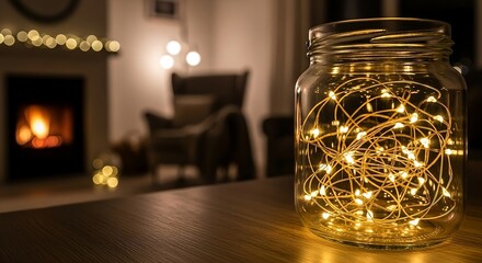 Cozy evening glow with warm fairy lights in a jar by a fireplace