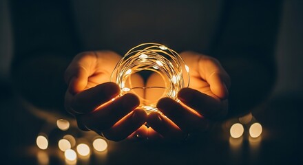 Hands gently holding glowing fairy lights, creating a magical, warm, and inviting atmosphere
