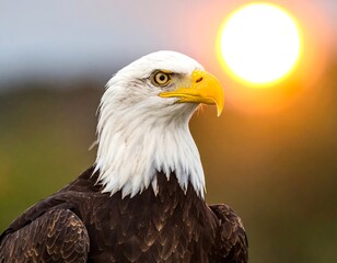 Close-up of a regal bald eagle with sunset blurred in background
