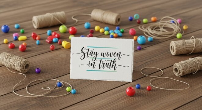 A card with inspirational quote amongst colorful beads and craft supplies