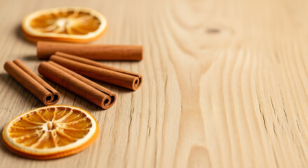Aromatic cinnamon sticks and dried orange slices arranged on a light wooden background with copy space.