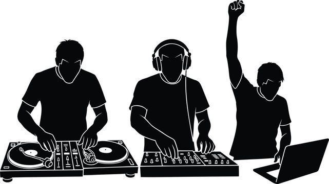 DJ Mixing on Turntables and Laptop Silhouette Illustration