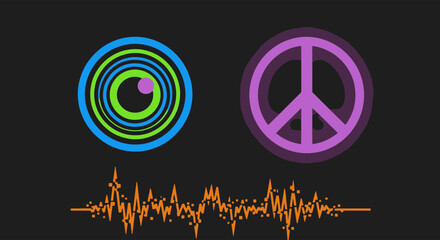 Vector illustration of hypnotic spiral eye, peace sign, and sound wave on black background with a modern design style