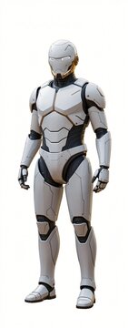 A full-body shot of a sleek, white and grey humanoid robot stands poised and upright. 