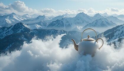 Surreal teapot floating above winter mountains in dreamy clouds.
