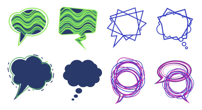 Creative speech bubble vector illustration set with wavy, polygon, and scribble designs in varied styles, ideal for graphic designs and communication concepts.