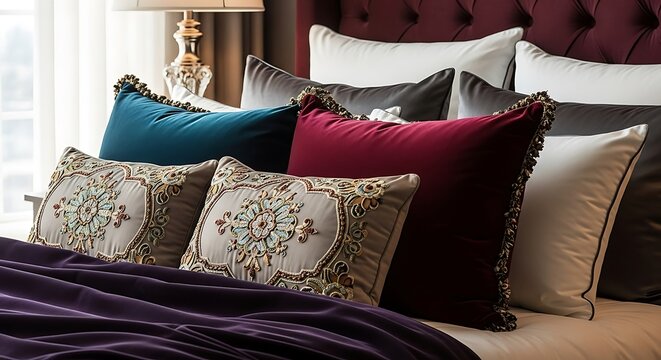 A luxurious bed with a tufted headboard and an assortment of colorful velvet and embroidered decorative pillows.