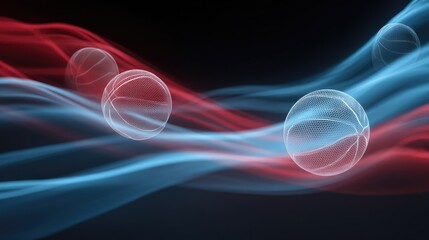 Dynamic Flow of Abstract Basketball with Light Trails in Red and Blue Against Dark Background Illustrating Movement and Energy in Sports Aesthetics