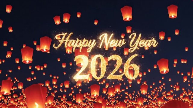 Red sky lanterns flying at night, golden Happy New Year 2026 text glowing in the sky,