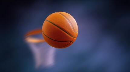 Dynamic basketball flying towards the hoop against a blurred background, showcasing the essence of sports excitement and athleticism in an indoor arena setting.