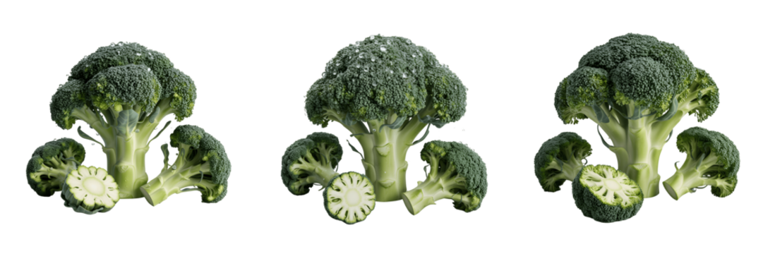 A Set For Broccoli fresh florets with water drops isolated on transparent background