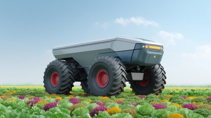 Fototapeta premium Futuristic Autonomous Agricultural Vehicle in Vibrant Crop Field with Colorful Vegetables Being Cultivated in a Clear Blue Sky Environment