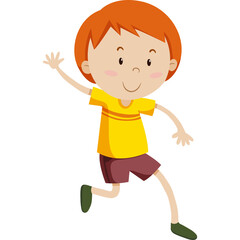 Joyful Young Boy With Orange Hair Running Outdoors Wearing A Yellow T Shirt And Brown Shorts With Green Shoes Isolated On White Background