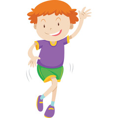 Joyful young boy with orange hair wearing a purple t-shirt and green shorts waving happily in a playful pose with a transparent background and no defects