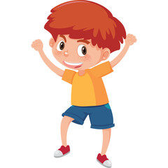 Joyful Young Boy with Red Hair and Freckles Wearing an Orange Shirt and Blue Shorts With Arms Raised in Celebration on a Transparent Background