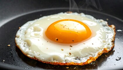 Close-up of a perfectly fried egg in a dark pan, steam rising from the golden yolk. The whites are lightly cooked