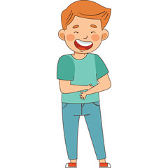 Joyful young boy with red hair laughing heartily wearing a teal t-shirt and blue jeans on a transparent background isolated cartoon character